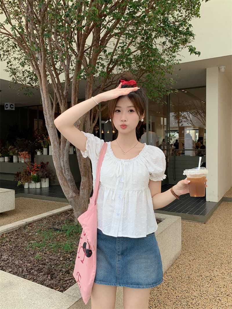 실사 정가 작은 키 레이스 레이스 거품 소매 화이트 여성 셔츠 몸매 가꾸기 반팔 Chic 셔츠 상세 이미지 5