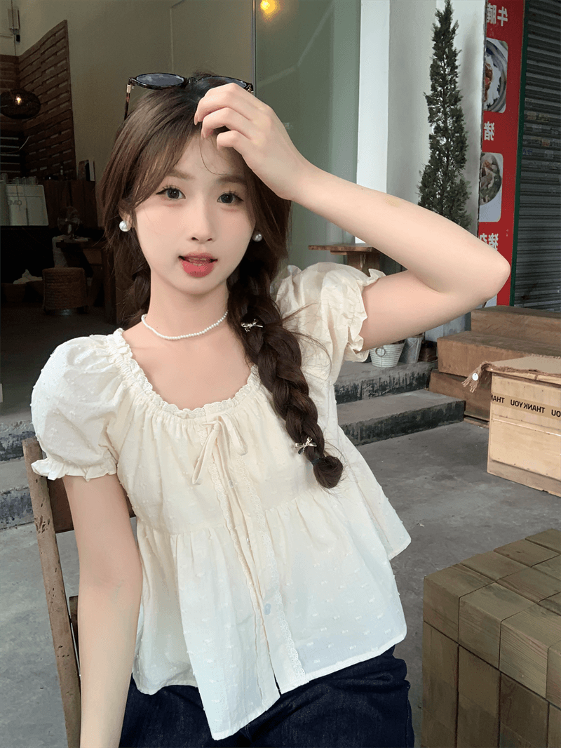 실사 정가 작은 키 레이스 레이스 거품 소매 화이트 여성 셔츠 몸매 가꾸기 반팔 Chic 셔츠 상세 이미지 11