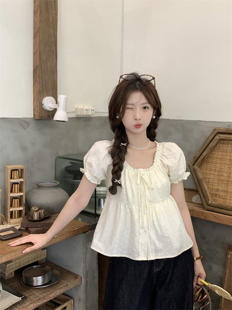 실사 정가 작은 키 레이스 레이스 거품 소매 화이트 여성 셔츠 몸매 가꾸기 반팔 Chic 셔츠 상세 이미지 13