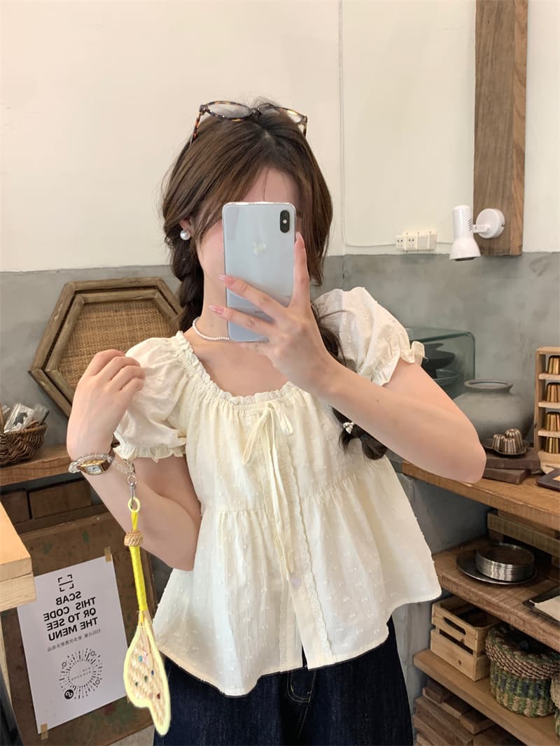 실사 정가 작은 키 레이스 레이스 거품 소매 화이트 여성 셔츠 몸매 가꾸기 반팔 Chic 셔츠 상세 이미지 14
