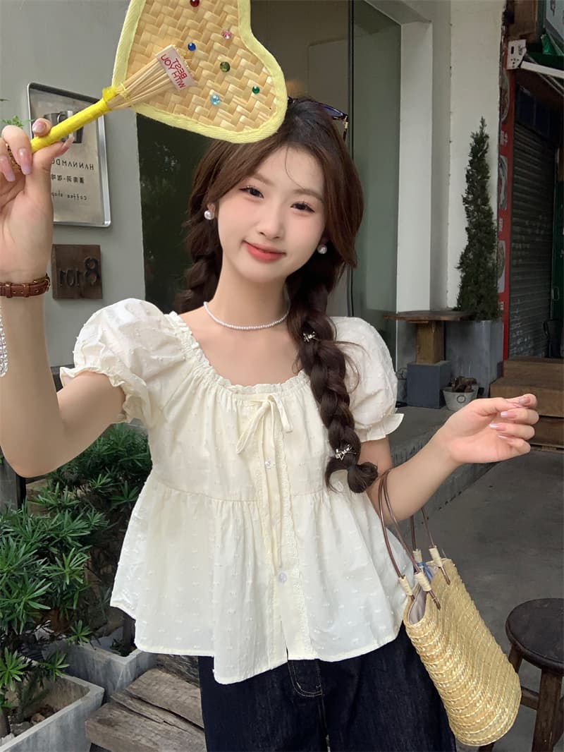 실사 정가 작은 키 레이스 레이스 거품 소매 화이트 여성 셔츠 몸매 가꾸기 반팔 Chic 셔츠 상세 이미지 16