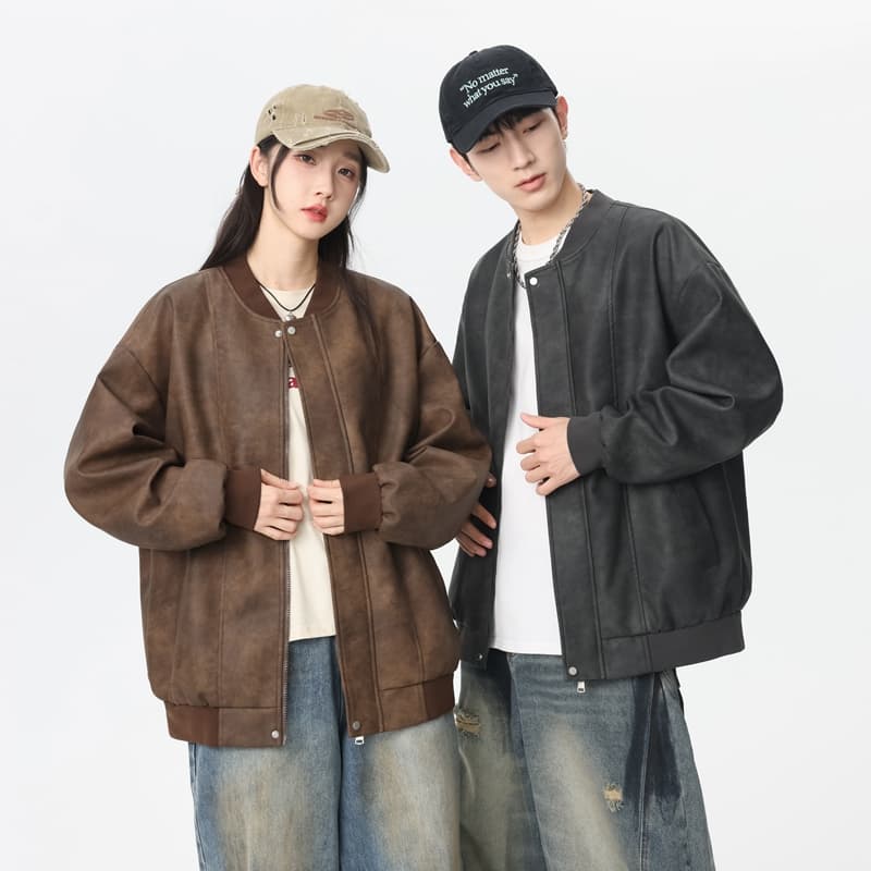 pu 가죽 재킷 트렌드 레트로 재킷 남녀 같은 단락 오토바이 서비스 커플 섹션 재킷