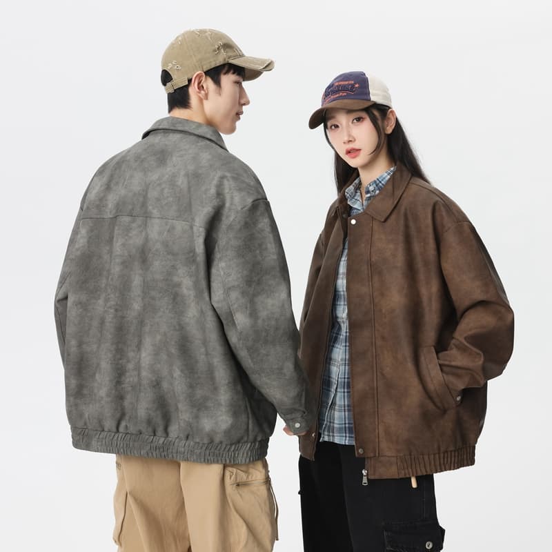 pu 가죽 재킷 트렌드 레트로 재킷 남녀 같은 단락 오토바이 서비스 커플 섹션 재킷 이미지 2