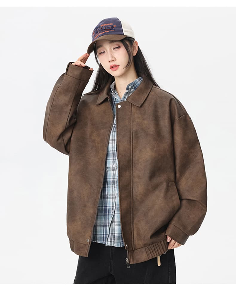 pu 가죽 재킷 트렌드 레트로 재킷 남녀 같은 단락 오토바이 서비스 커플 섹션 재킷 상세 이미지 24