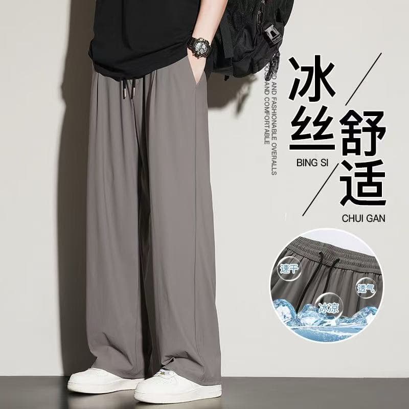 여름 시원한 얼음 실크 긴 바지 남자 트렌드 항구 바람 루즈핏 와이드 레그 팬츠 청소년 얇은 스타일 통기성 캐주얼 운동 바지 이미지 3