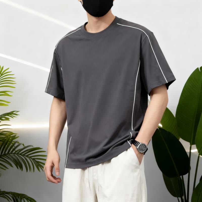 로마 실광택 코튼 반팔 티셔츠 남성 여름 패션 루즈핏 가을 어깨 티셔츠 항구 바람 단색 다용도 맨위 이미지 3
