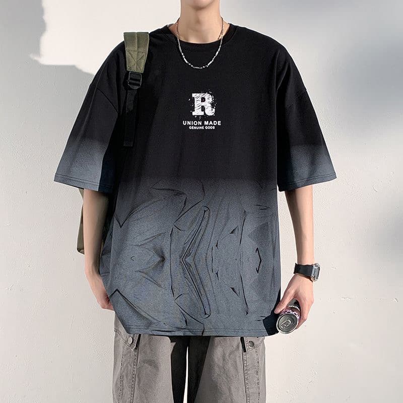 여름 차가운 센스 그라데이션 남성 반팔 티셔츠 청소년 캐주얼 라운드 넥 반소매 트렌디 학생 항구 바람 루즈핏 맨위 이미지 2