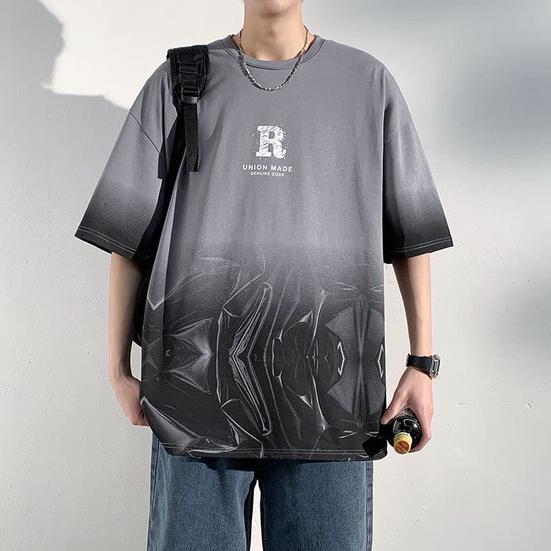 여름 차가운 센스 그라데이션 남성 반팔 티셔츠 청소년 캐주얼 라운드 넥 반소매 트렌디 학생 항구 바람 루즈핏 맨위 이미지 3