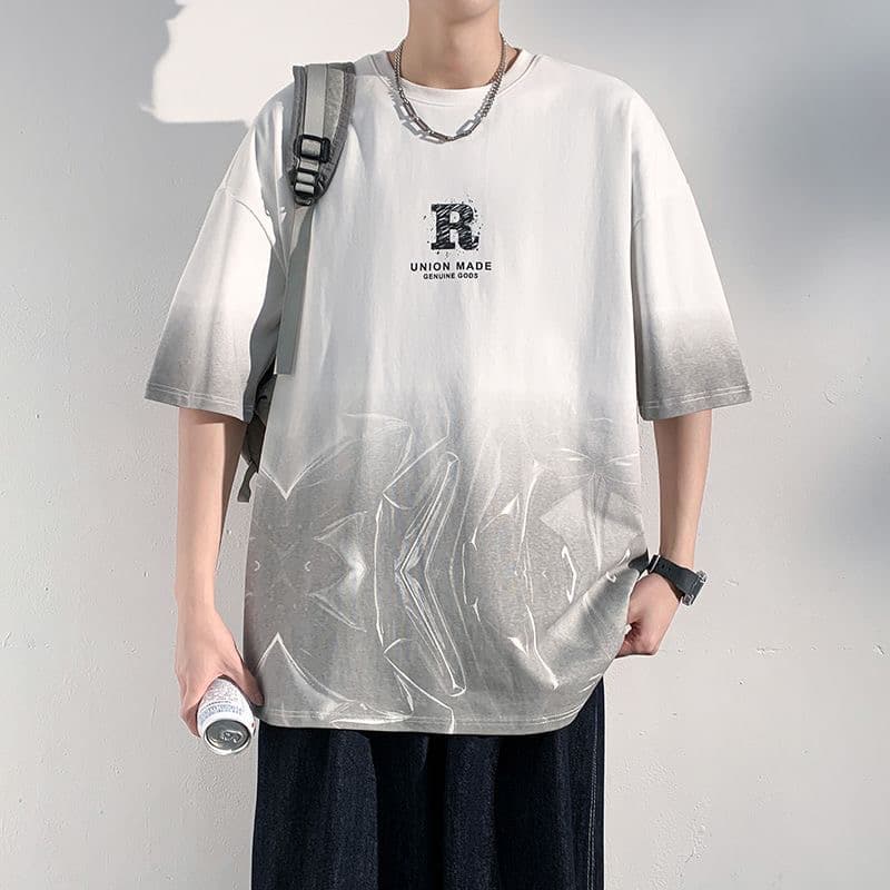 여름 차가운 센스 그라데이션 남성 반팔 티셔츠 청소년 캐주얼 라운드 넥 반소매 트렌디 학생 항구 바람 루즈핏 맨위 이미지 5