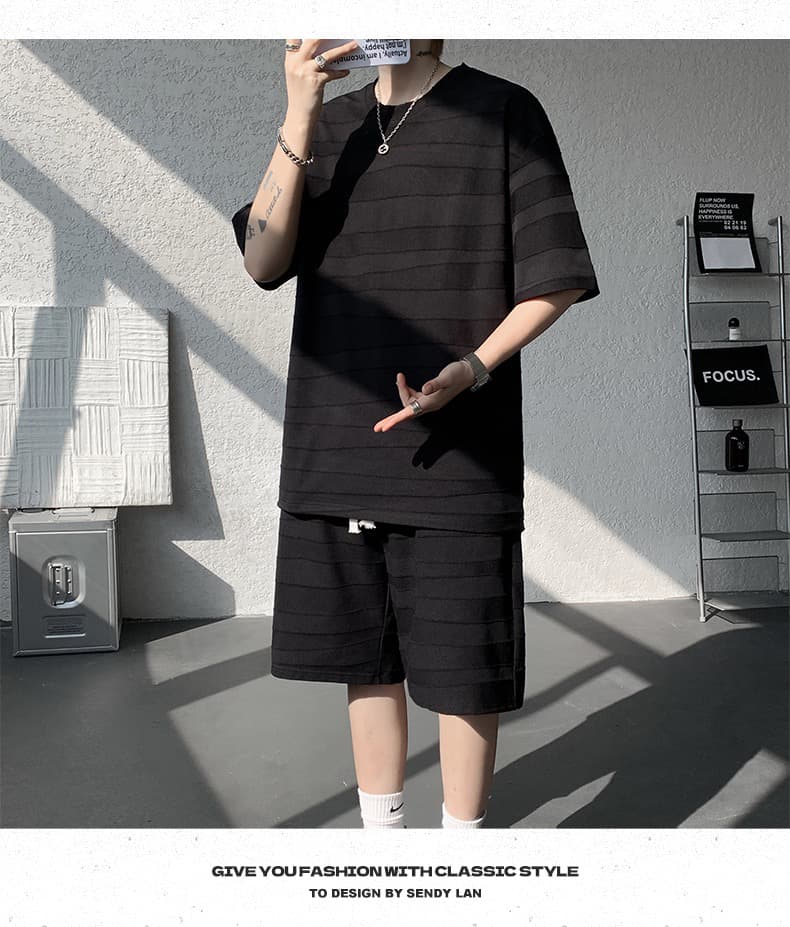 새로운 라운드 넥 반팔 세트 남자 캐주얼 운동 반팔 티셔츠 청소년 트렌드 루즈핏 오부 바지 투피스 세트 상세 이미지 7