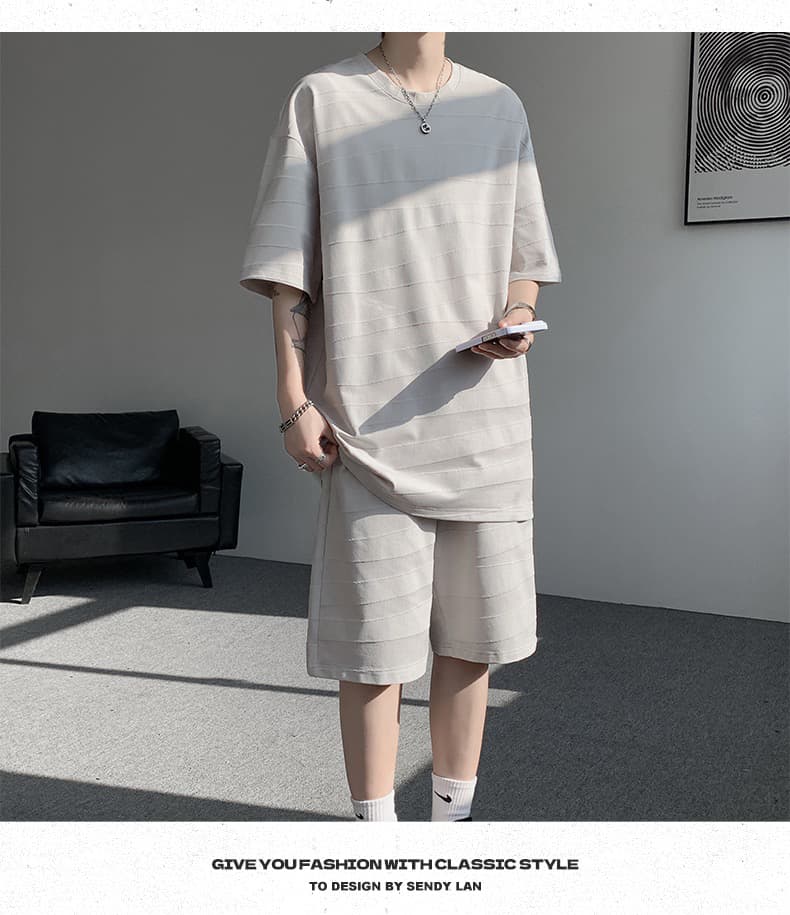 새로운 라운드 넥 반팔 세트 남자 캐주얼 운동 반팔 티셔츠 청소년 트렌드 루즈핏 오부 바지 투피스 세트 상세 이미지 18