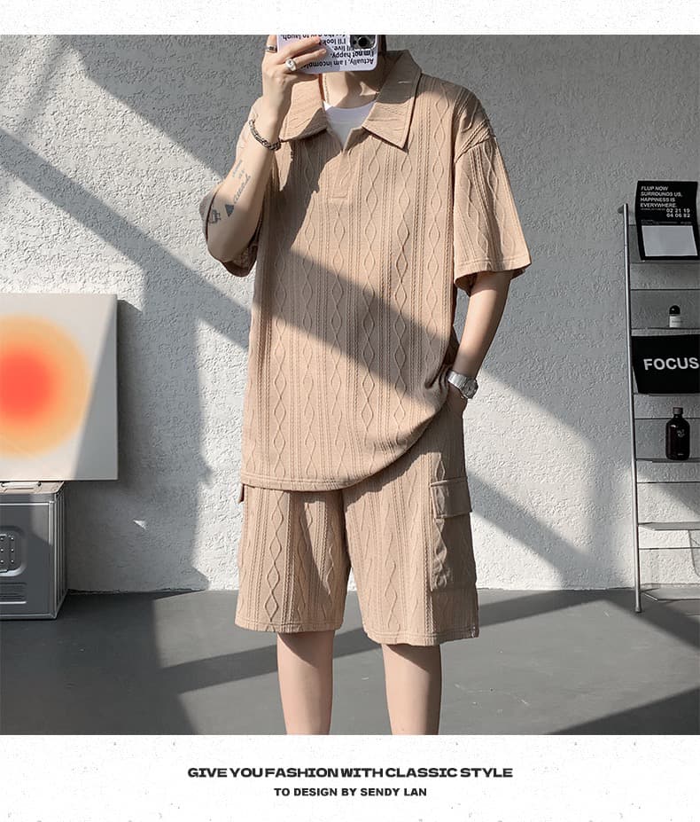 여름 반팔 세트 청소년 폴로 칼라 POLO 셔츠 워크웨어 5 점 반바지 학생 조수 브랜드 캐주얼 투피스 세트 상세 이미지 7