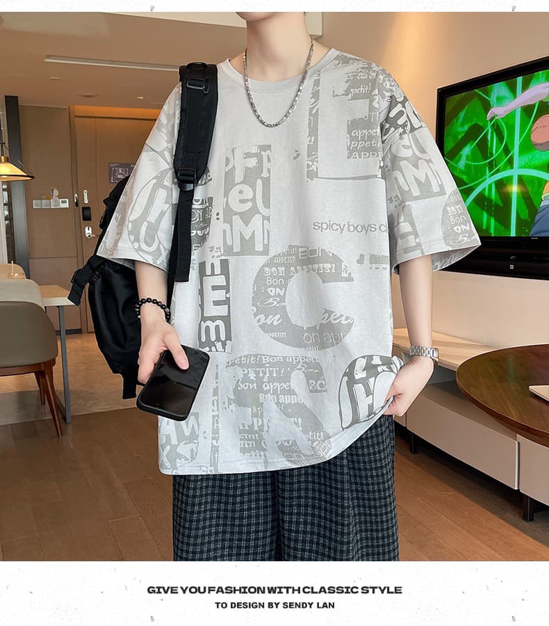 여름 통기성 순면 티셔츠 XL 비료 추가 남성 반팔 전체 인쇄 알파벳 루즈핏 캐주얼 맨위 청소년 상세 이미지 16