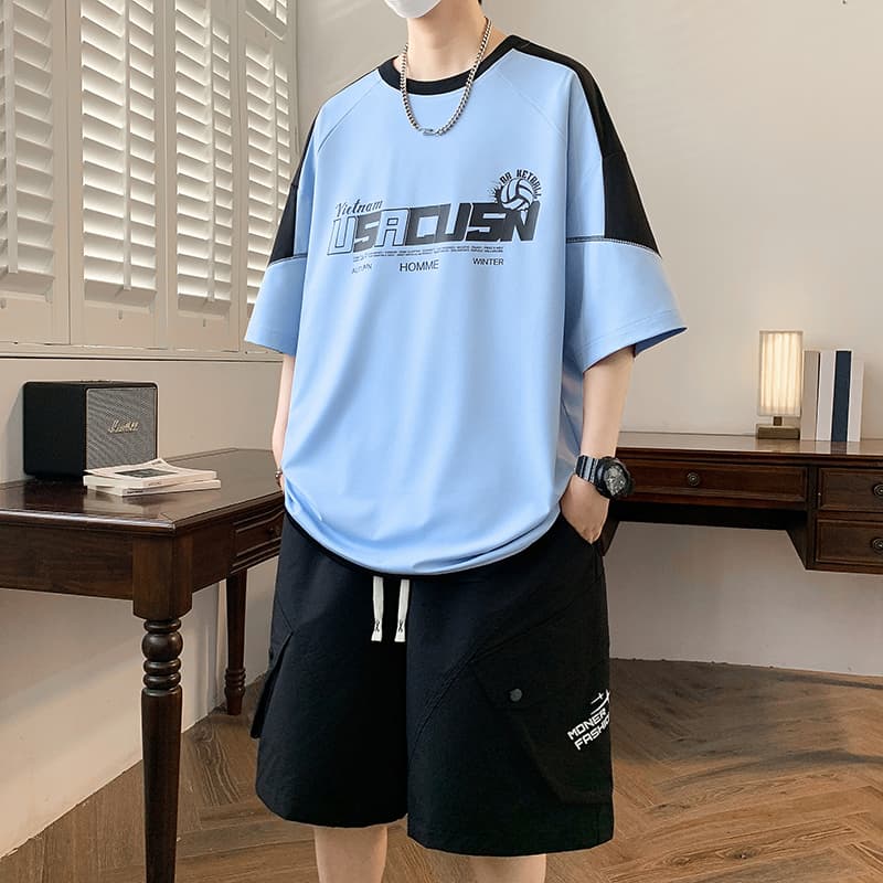 여름 남성 얇은 스타일 통기성 캐주얼 스포츠 슈트 청소년 학생 라운드 넥 알파벳 티셔츠 쇼트 스타일 투피스 세트 이미지 2