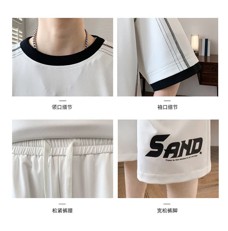 청소년 학생 여름 반팔 세트 조수 브랜드 알파벳 반소매 라운드 넥 티셔츠 반바지 캐주얼 운동 투피스 세트 상세 이미지 6