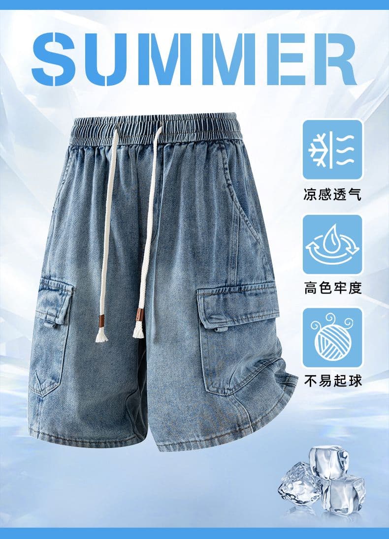 아메리칸 조수 브랜드 데님 워크웨어 팬츠 기타 주머니 남성 여름 오부 바지 반바지 캐주얼 스트레이트 다용도 중 바지 상세 이미지 1