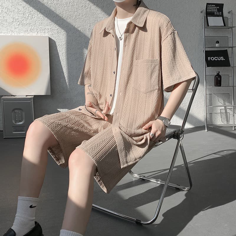 2026 여름 남성 한국 스타일 캐주얼 세트 학생 청년 패션 자카드 반팔 셔츠 오부 바지 투피스 세트
