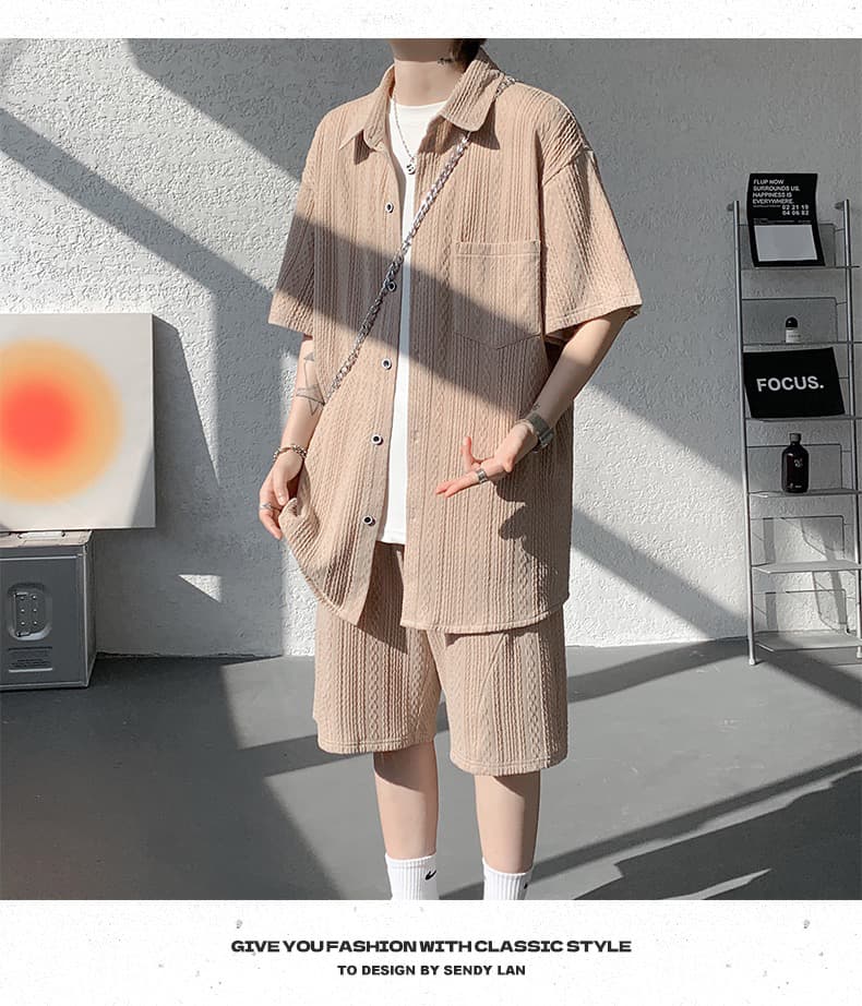 2026 여름 남성 한국 스타일 캐주얼 세트 학생 청년 패션 자카드 반팔 셔츠 오부 바지 투피스 세트 상세 이미지 9