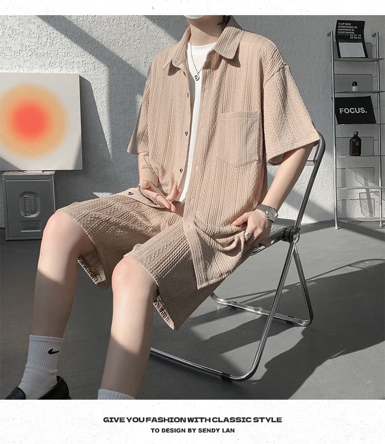 2026 여름 남성 한국 스타일 캐주얼 세트 학생 청년 패션 자카드 반팔 셔츠 오부 바지 투피스 세트 상세 이미지 10