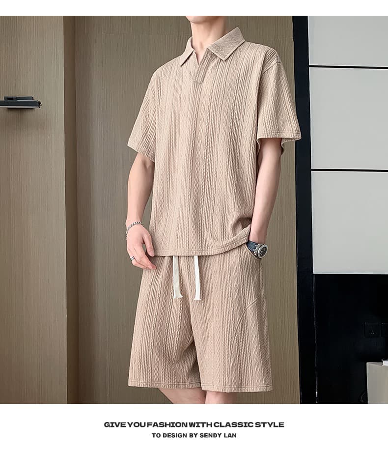 여름 캐주얼 세트 남성 polo 셔츠 오부 바지 패션 조수 브랜드 자카드 폴로 칼라 반팔 반바지 남성 의류 상세 이미지 12