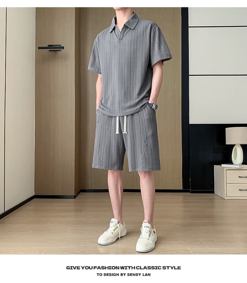 여름 캐주얼 세트 남성 polo 셔츠 오부 바지 패션 조수 브랜드 자카드 폴로 칼라 반팔 반바지 남성 의류 상세 이미지 14