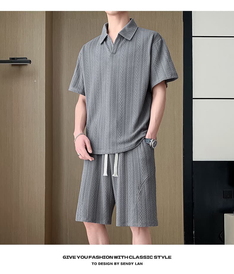 여름 캐주얼 세트 남성 polo 셔츠 오부 바지 패션 조수 브랜드 자카드 폴로 칼라 반팔 반바지 남성 의류 상세 이미지 15