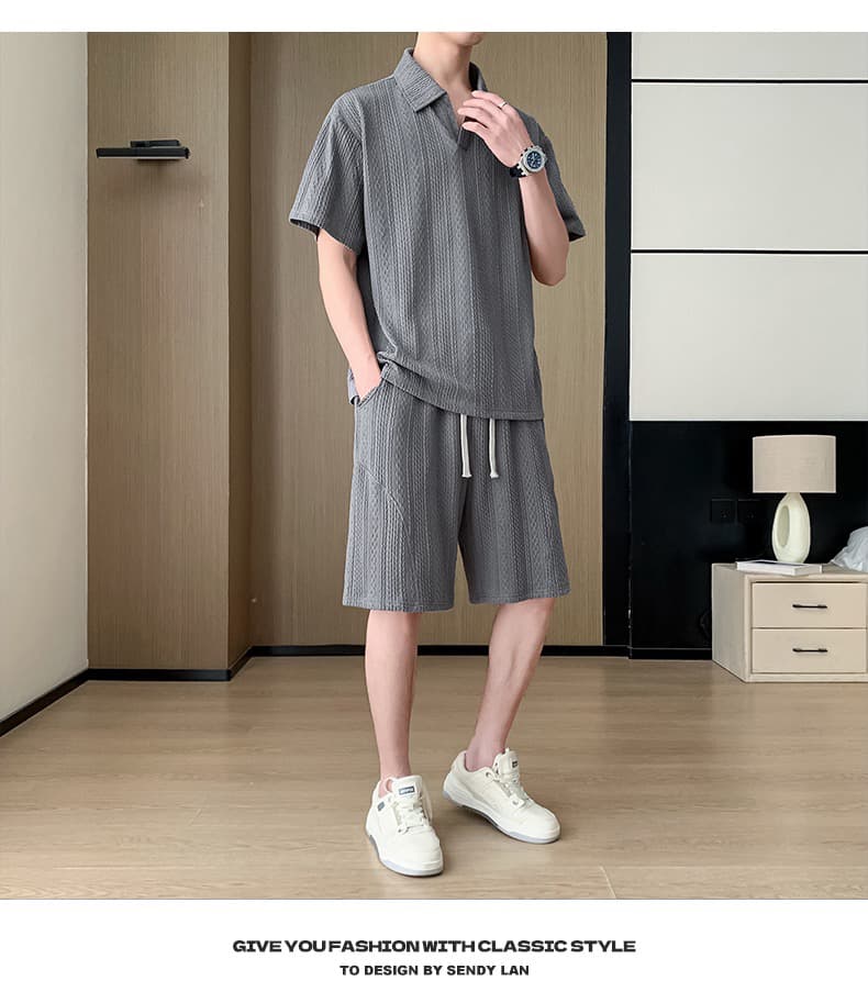 여름 캐주얼 세트 남성 polo 셔츠 오부 바지 패션 조수 브랜드 자카드 폴로 칼라 반팔 반바지 남성 의류 상세 이미지 16
