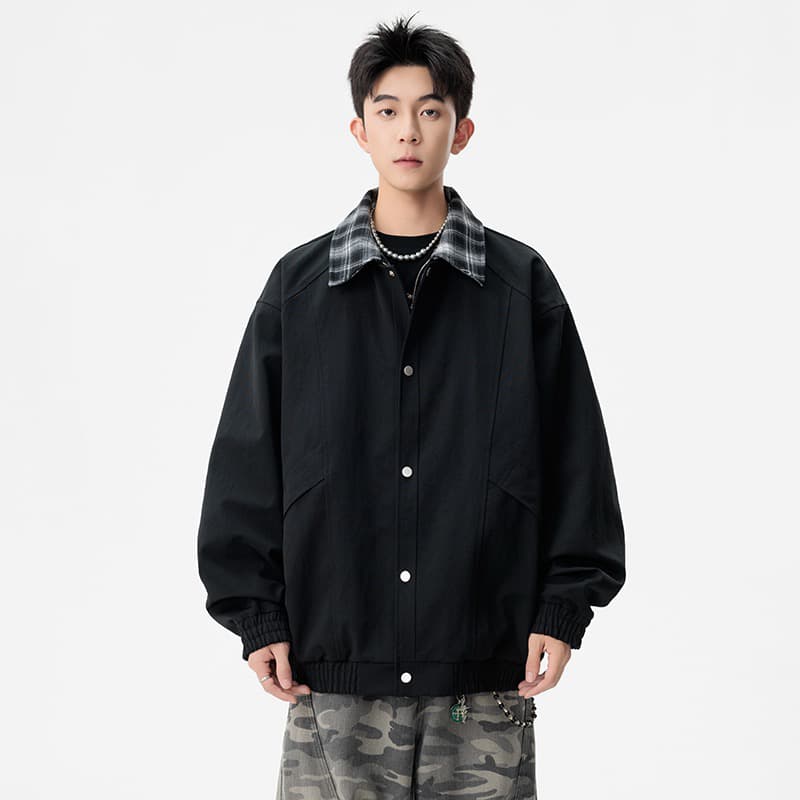 m-8xl XL 페이크 레이어드 폴로 칼라 재킷 남성 2026 봄 가을 조수 브랜드 일본식 체크무늬 캐주얼 재킷 이미지 3