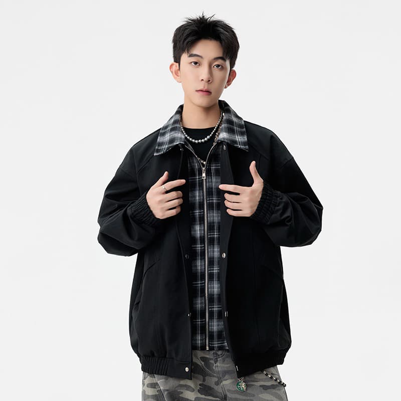 m-8xl XL 페이크 레이어드 폴로 칼라 재킷 남성 2026 봄 가을 조수 브랜드 일본식 체크무늬 캐주얼 재킷 이미지 5