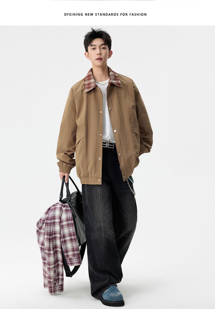 m-8xl XL 페이크 레이어드 폴로 칼라 재킷 남성 2026 봄 가을 조수 브랜드 일본식 체크무늬 캐주얼 재킷 상세 이미지 13