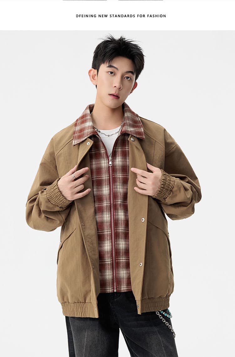 m-8xl XL 페이크 레이어드 폴로 칼라 재킷 남성 2026 봄 가을 조수 브랜드 일본식 체크무늬 캐주얼 재킷 상세 이미지 15
