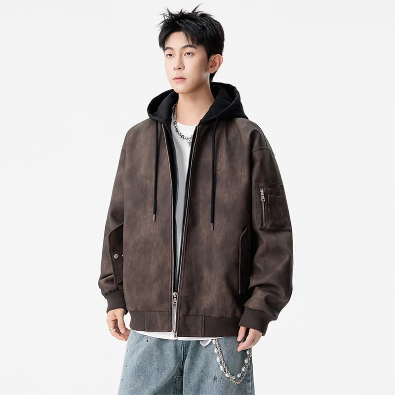 m-8xl 증가 페이크 레이어드 워싱 가죽 자켓 남자 봄 가을 커플 pu 가죽 재킷 후드 재킷 악당 잘 생긴 오토바이 서비스 이미지 4