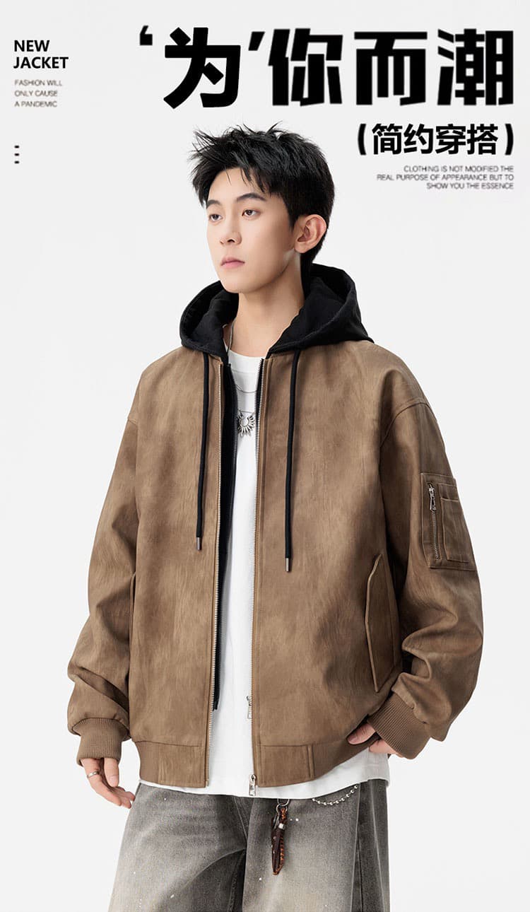 m-8xl 증가 페이크 레이어드 워싱 가죽 자켓 남자 봄 가을 커플 pu 가죽 재킷 후드 재킷 악당 잘 생긴 오토바이 서비스 상세 이미지 1