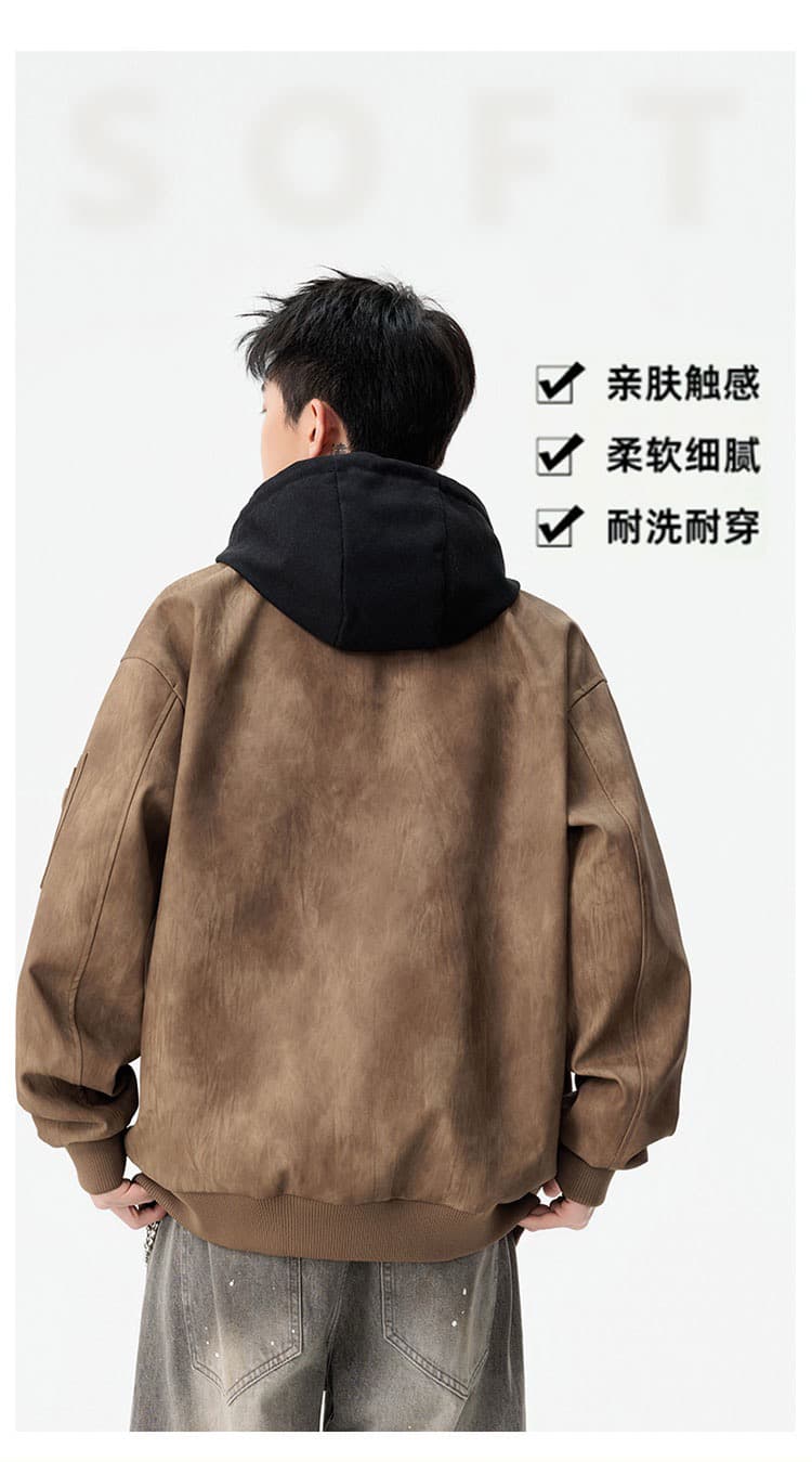 m-8xl 증가 페이크 레이어드 워싱 가죽 자켓 남자 봄 가을 커플 pu 가죽 재킷 후드 재킷 악당 잘 생긴 오토바이 서비스 상세 이미지 6