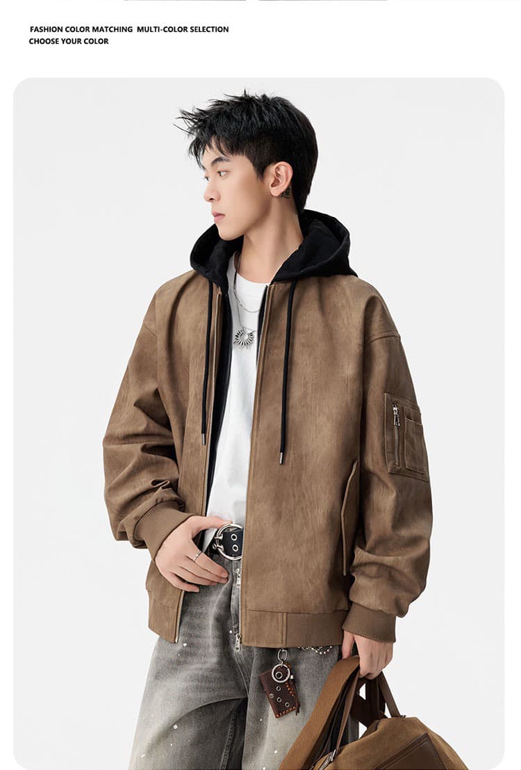 m-8xl 증가 페이크 레이어드 워싱 가죽 자켓 남자 봄 가을 커플 pu 가죽 재킷 후드 재킷 악당 잘 생긴 오토바이 서비스 상세 이미지 11