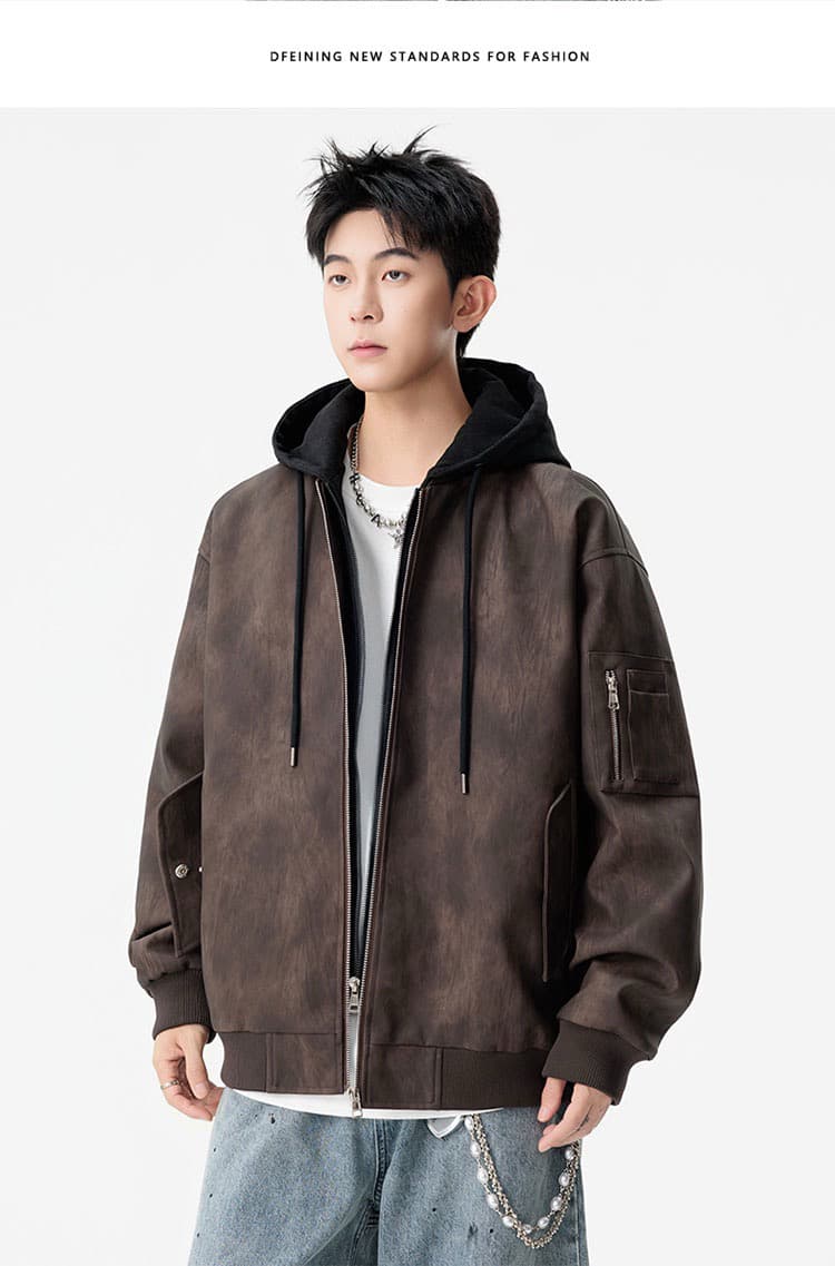 m-8xl 증가 페이크 레이어드 워싱 가죽 자켓 남자 봄 가을 커플 pu 가죽 재킷 후드 재킷 악당 잘 생긴 오토바이 서비스 상세 이미지 14