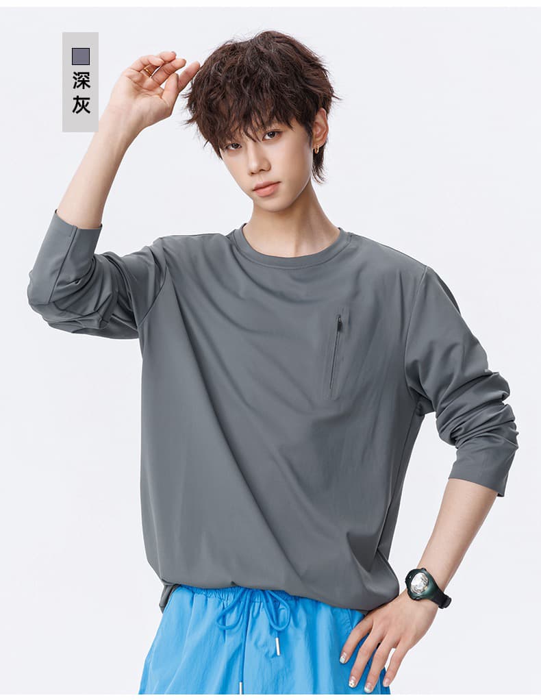 2026 봄 가을 남성 야외 속도 건조한 운동 긴팔 티셔츠 높은 탄력성 단색 기본 셔츠 차가운 실행 라운드 넥 후드티 상세 이미지 12