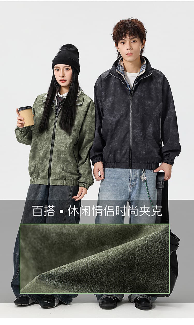 페이크 레이어드 체크무늬 폴로 칼라 재킷 남자 2026 가을 겨울 아메리칸 레트로 여성 코트 루즈핏 패치워크 가죽 재킷 커플 상세 이미지 3