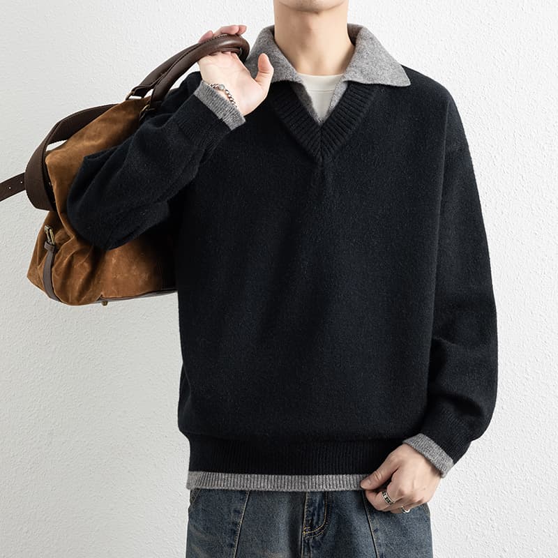 페이크 레이어드 가을 겨울 두꺼운 보온 부드럽다 편안함 통기성 트렌디 에디션 패션 잘 생긴 커플 핀 뜨개질 스웨터 재킷 이미지 4