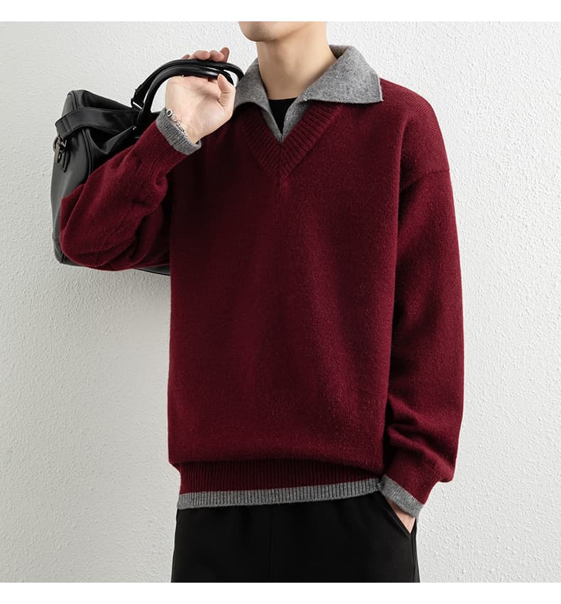 페이크 레이어드 가을 겨울 두꺼운 보온 부드럽다 편안함 통기성 트렌디 에디션 패션 잘 생긴 커플 핀 뜨개질 스웨터 재킷 상세 이미지 15