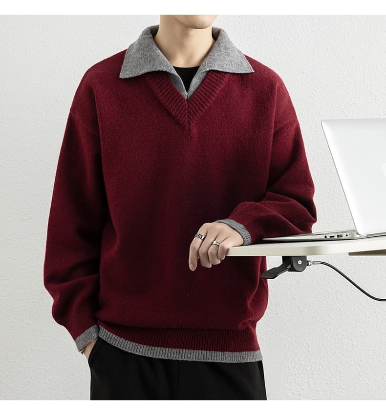 페이크 레이어드 가을 겨울 두꺼운 보온 부드럽다 편안함 통기성 트렌디 에디션 패션 잘 생긴 커플 핀 뜨개질 스웨터 재킷 상세 이미지 17