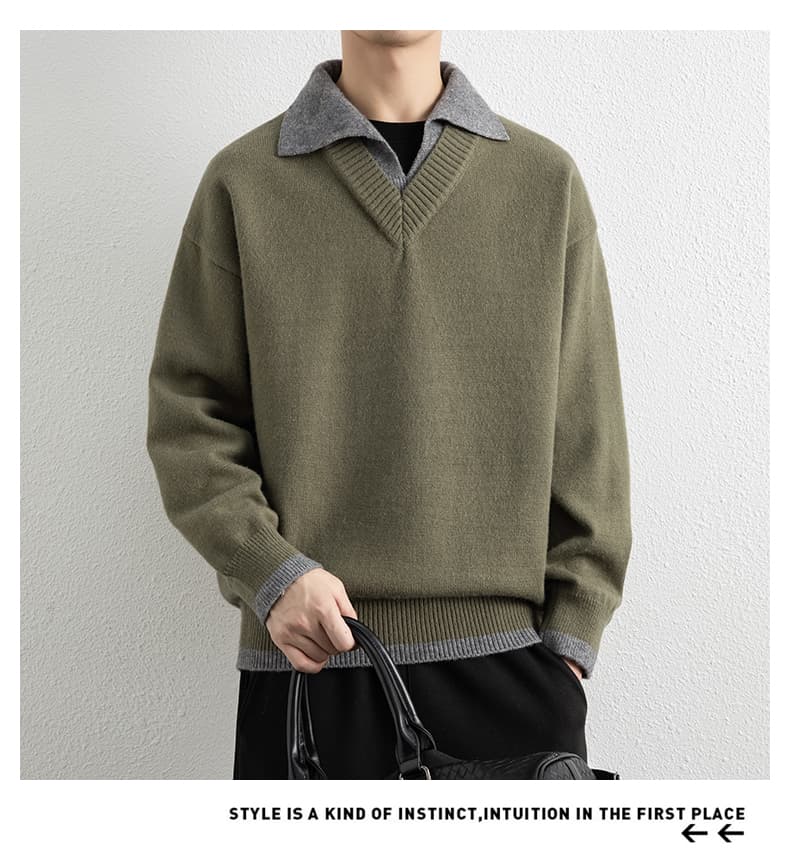 페이크 레이어드 가을 겨울 두꺼운 보온 부드럽다 편안함 통기성 트렌디 에디션 패션 잘 생긴 커플 핀 뜨개질 스웨터 재킷 상세 이미지 22