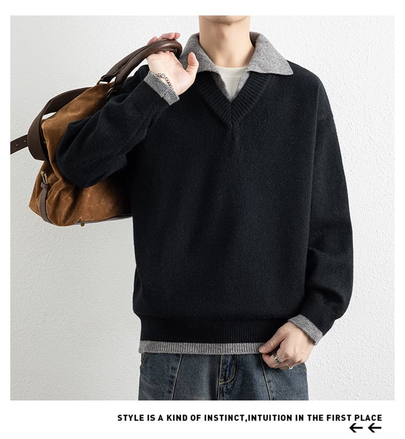 페이크 레이어드 가을 겨울 두꺼운 보온 부드럽다 편안함 통기성 트렌디 에디션 패션 잘 생긴 커플 핀 뜨개질 스웨터 재킷 상세 이미지 31