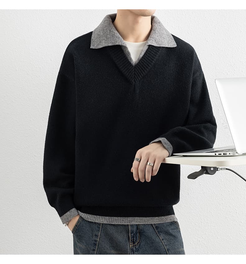 페이크 레이어드 가을 겨울 두꺼운 보온 부드럽다 편안함 통기성 트렌디 에디션 패션 잘 생긴 커플 핀 뜨개질 스웨터 재킷 상세 이미지 32