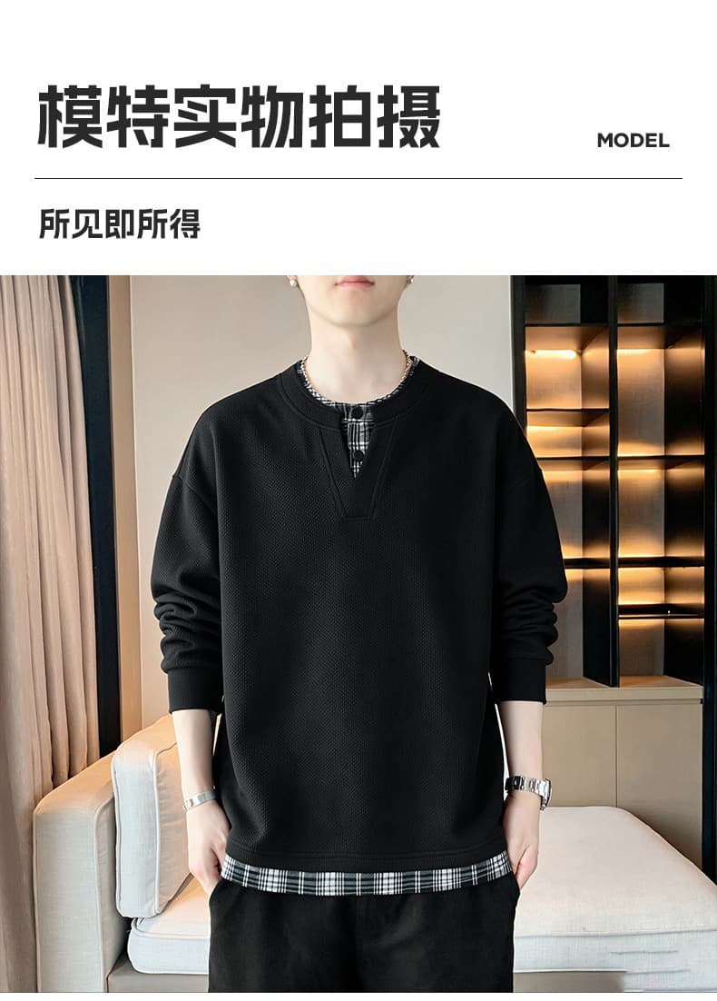 2026 가을 페이크 레이어드 긴팔 후드티 남성 트렌드 다용도 티셔츠 기본 셔츠 캐주얼 루즈핏 남성 의류 맨위 상세 이미지 9