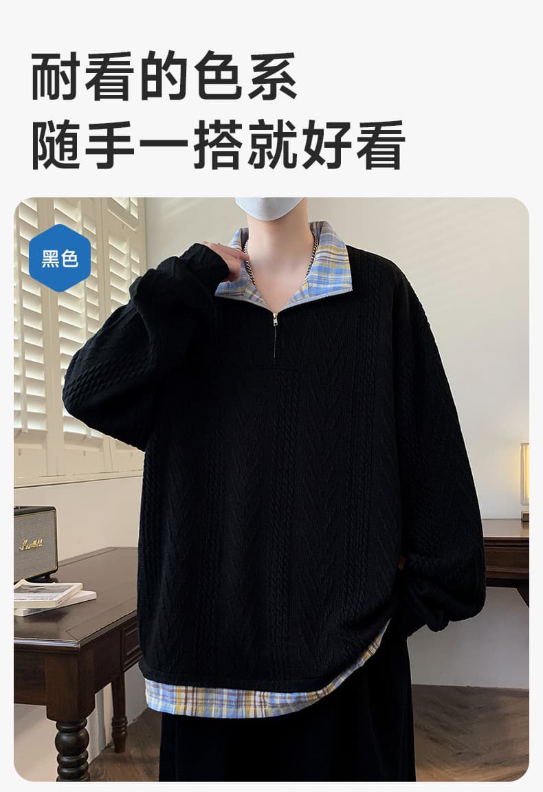 페이크 레이어드 후드티 남자 봄 가을 트렌드 아메리칸 질감 센스 半拉 체인 길이 소매 티셔츠 폴로 칼라 인사이드 잡아라. 의류 청년 상세 이미지 9