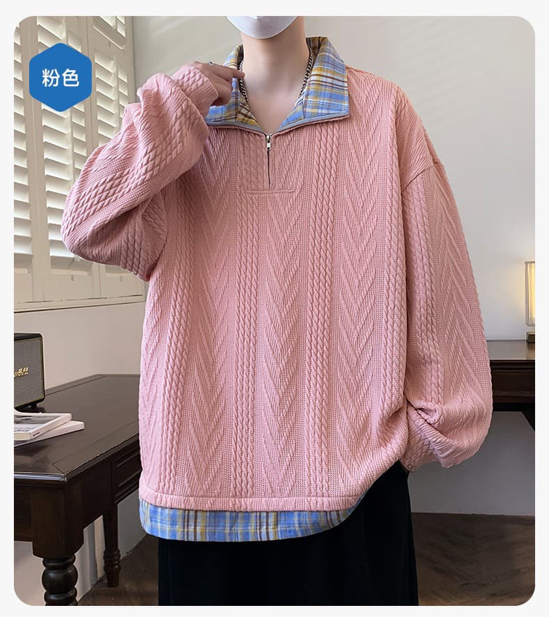 페이크 레이어드 후드티 남자 봄 가을 트렌드 아메리칸 질감 센스 半拉 체인 길이 소매 티셔츠 폴로 칼라 인사이드 잡아라. 의류 청년 상세 이미지 13