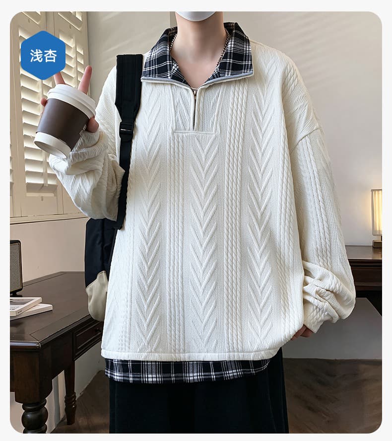 페이크 레이어드 후드티 남자 봄 가을 트렌드 아메리칸 질감 센스 半拉 체인 길이 소매 티셔츠 폴로 칼라 인사이드 잡아라. 의류 청년 상세 이미지 17