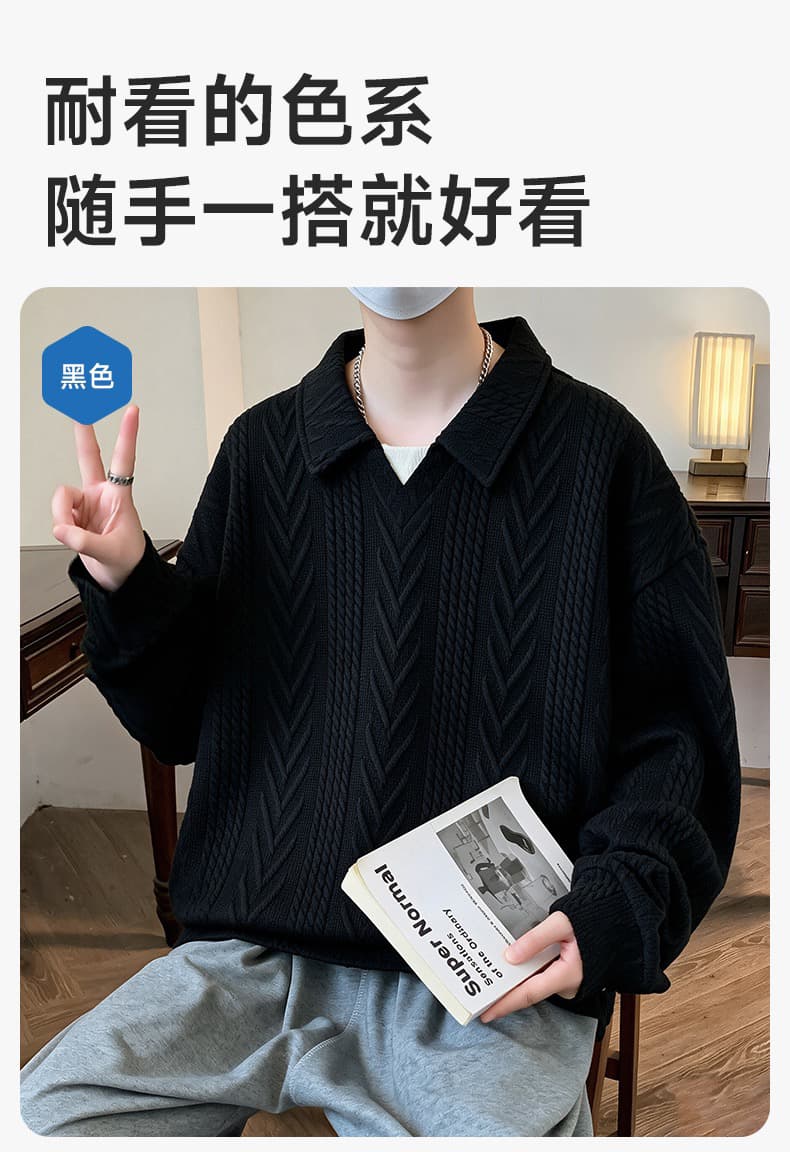가을 POLO 칼라 긴팔 후드티 남자 패션 자카드 폴로 칼라 티셔츠 청소년 셔츠 칼라 캐주얼 맨위 2026 상세 이미지 9