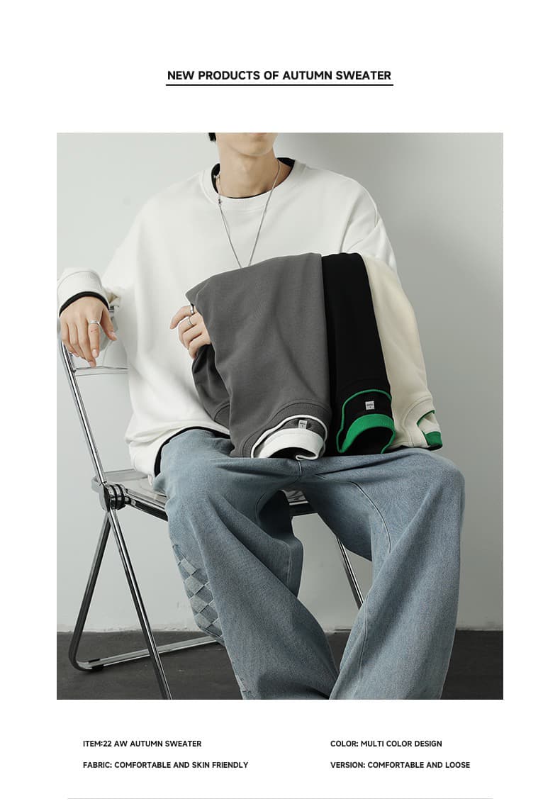 남성 가을 순면 단색 긴팔 후드티 미니멀리즘 청소년 라운드 넥 티셔츠 다용도 캐주얼 남성 의류 맨위 상세 이미지 1